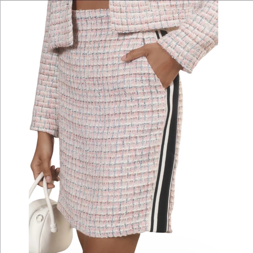 Maeve Pink Tweed Midi Skirt with Black & White Side Stripe